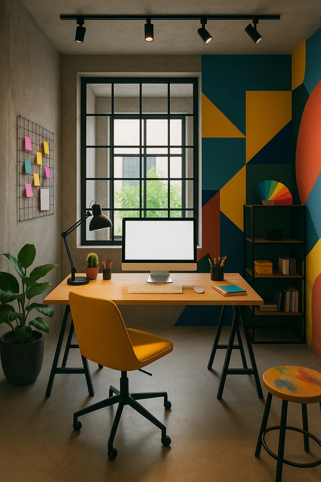 Et moderne hjemmekontor med stort vindue, gult kontorstol, skrivebord med computer, grøn plante og farverige geometriske vægmalerier i baggrunden.